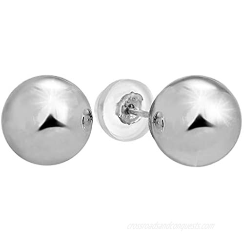 14k Real White Gold Stud Ball Earrings W/Silicone Covered Gold Pushbacks - 8 mm