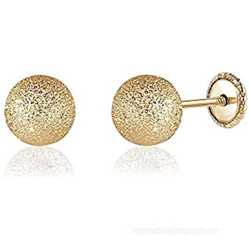 14k Yellow Gold Diamond Cut Ball Earrings Safety Screwback Covered Back 6mm