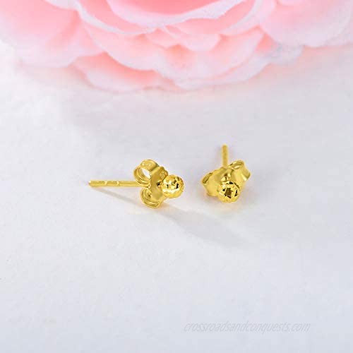 18K Solid Gold Diamond-Cut Ball Stud Earrings 3MM Ball Studs Push Back Birthday Anniversary Jewelry Gift for Women Girls