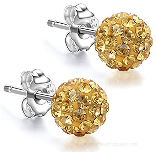 925 Sterling Round Ball Cubic Swarovski Elements Crystal Stud Earrings Many Colors
