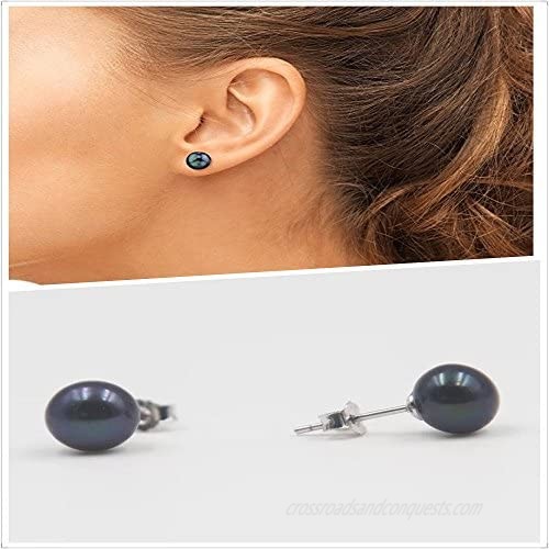 925 Sterling Silver AAA Genuine Freshwater Cultured Pearl White Black Pink Button Stud Earrings for Women7.5-8mm