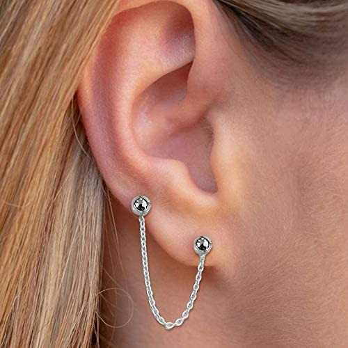 AONED 14K Gold Double Piercing Earrings Sterling Silver For Women Perfect Size Chain 50mm