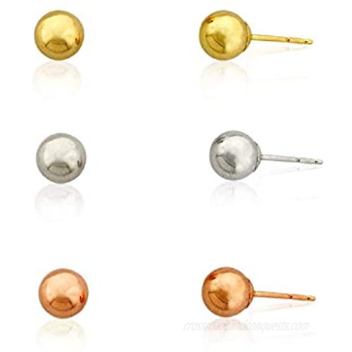 AVORA 3-Pair Yellow  White  and Rose Gold Three Color Polished Ball Stud Earrings Set - 10K and 14K