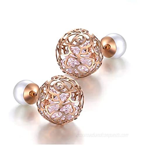 BEAUTY CHARM Women's Double Sided Front Back Ball Stud Earrings Pearl Crystal Hollow Rose Flower Balls Studs Jewelry Gift for Women