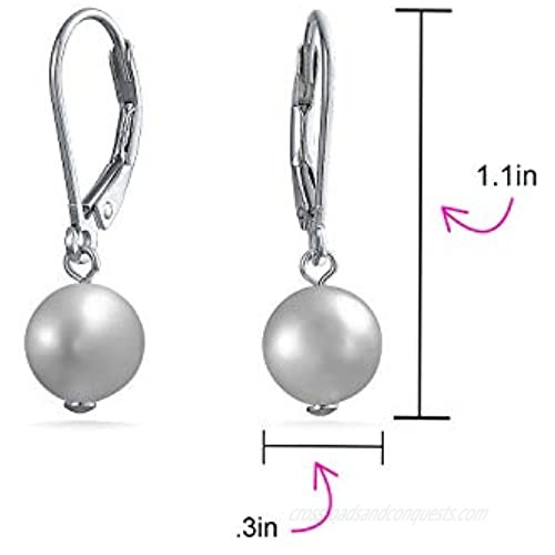 Black White Pink Grey Round Freshwater Cultured Pearl Leverback Drop Bead Ball Earrings For Women 925 Sterling Silver