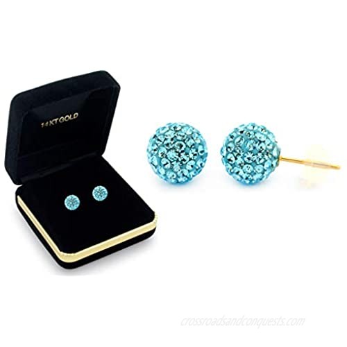 BSD Real 14k Gold Crystal Fireball Ball Stud Earrings with Gift Box- Assorted Styles Gold Ball Earrings- Real Hypoallergenic Jewelry and Accessories- Made in USA