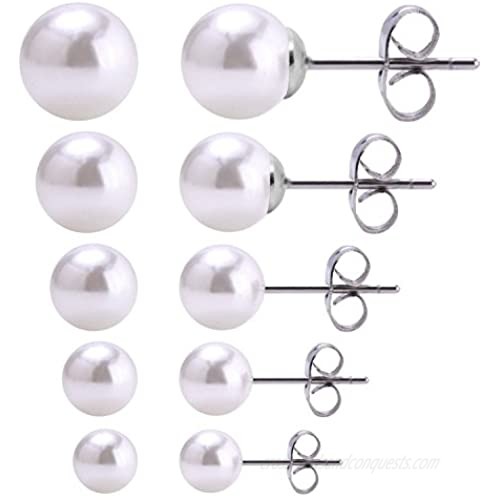 CrazyPiercing 5 Pairs Stud Pearl Earrings  Assorted Sizes Ball Stud Earrings  4mm  5mm  6mm  7mm  8mm Round Ball Stainless Steel Earrings Pin