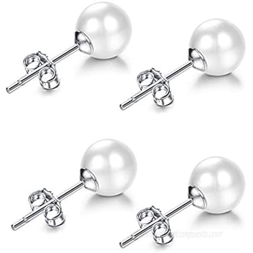 Fiasaso Pearl Earrings 2 Pairs 925 Sterling Silver Pearl Earrings For Women 4-8mm Genuine White Freshwater Cultured AAA+ Pearl Stud Earrings Set Gift for Anniversary Birthday