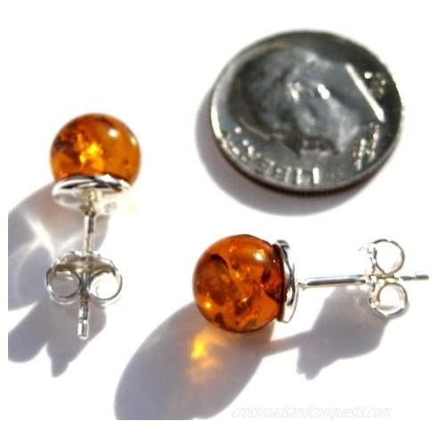 Honey Amber and Sterling Silver Small Stud Ball Earrings 8mm