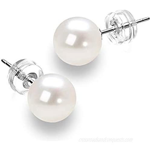 JORA 14K Gold Round White Freshwater Cultured Pearl Stud Earrings for Women - AAAA Quality