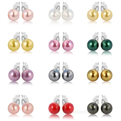 LIZOL 12 Pairs Colors Glass Pearl Earrings Assorted Mixed Stainless Steel Hypoallergenic Starter Set Gift Set for Women kids Girls