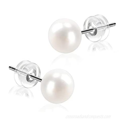 Rugewelry White Gold Pearl Earrings Freshwater Pearl Button Earrings Quality Handpicked Cultured Pearl Stud Earrings For Women Girls