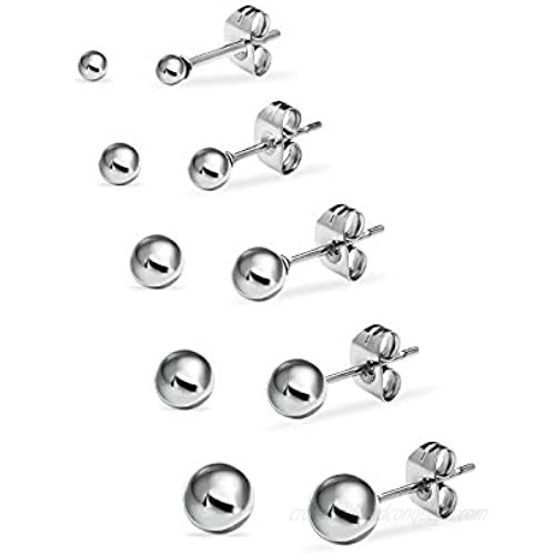 Silverline Jewelry 5 Pair Stainless Steel Round Ball Stud Earrings Set for Women Men Teen Girls