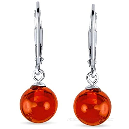 Simple Honey Amber Round Leverback Drop Ball Earrings For Women 925 Sterling Silver 8MM