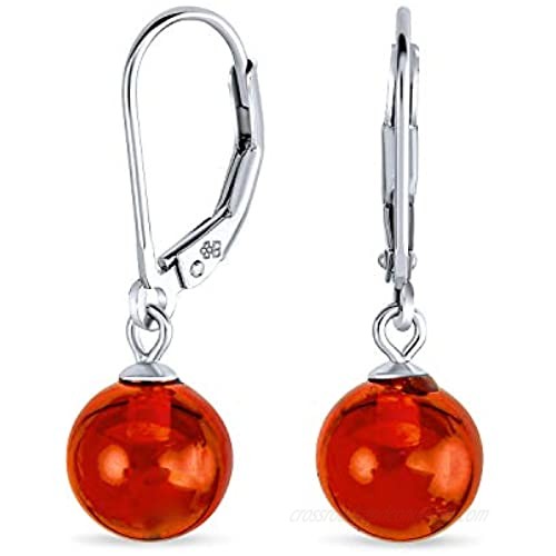 Simple Honey Amber Round Leverback Drop Ball Earrings For Women 925 Sterling Silver 8MM