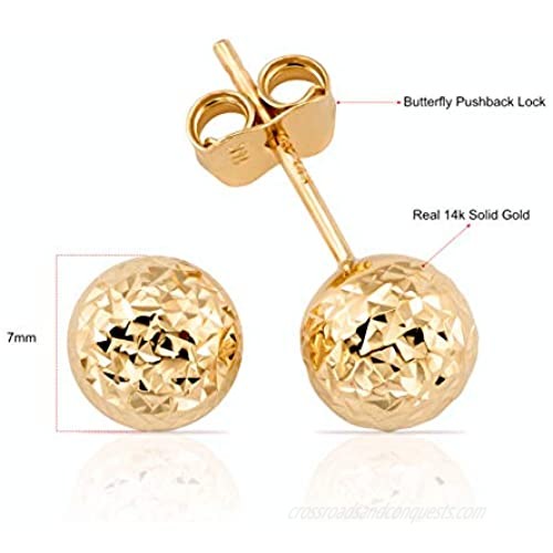 Solid 14K Gold Hammered Finish Ball Stud Earrings for Women and Girls