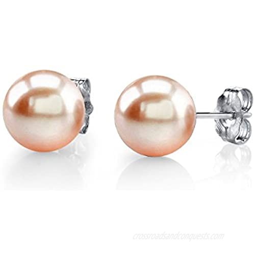 THE PEARL SOURCE 14K Gold Round Peach Freshwater Cultured Pearl Stud Earrings for Women