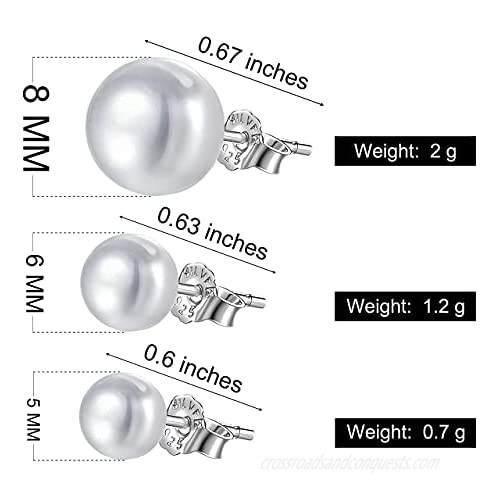 wenssacc 3 Pairs Pearl Earrings Set 925 Sterling Silver Handpicked Cultured Round Pearls Plum blossom ear plug Stud Earring Dainty Cute for Women Girls(5mm 6mm 8mm)