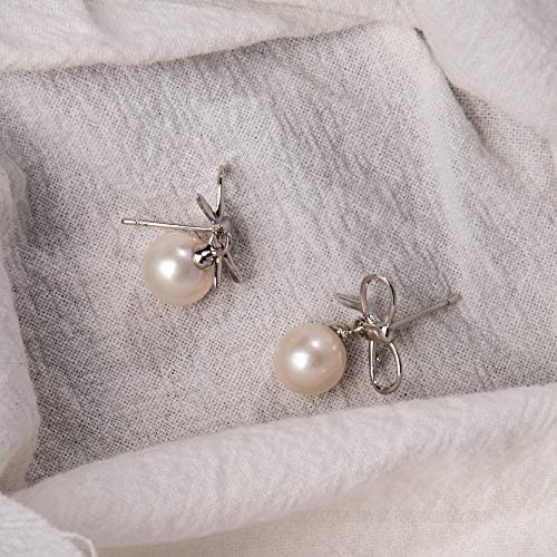 wenssacc Bow Pearl Earrings 925 Sterling Silver Studs Pearls Drop Earring Butterfly Shape Dainty Vintage Jewelry for Women Girls