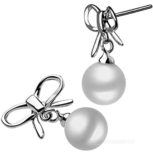 wenssacc Bow Pearl Earrings 925 Sterling Silver Studs Pearls Drop Earring Butterfly Shape Dainty Vintage Jewelry for Women Girls