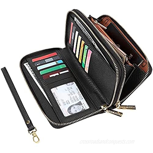 Cynure Women's Large Zipper Card Organizer Long Leather Wristlet Clutch Wallet for Ladies   Black