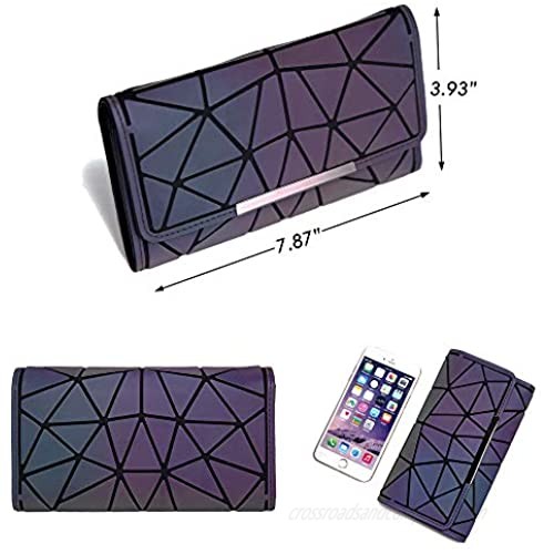 DIOMO Geometric Luminous Women Long Wallet Holographic Reflective Credit Card Holder Clutch with Zipper Pocket (Wallet NO.4)