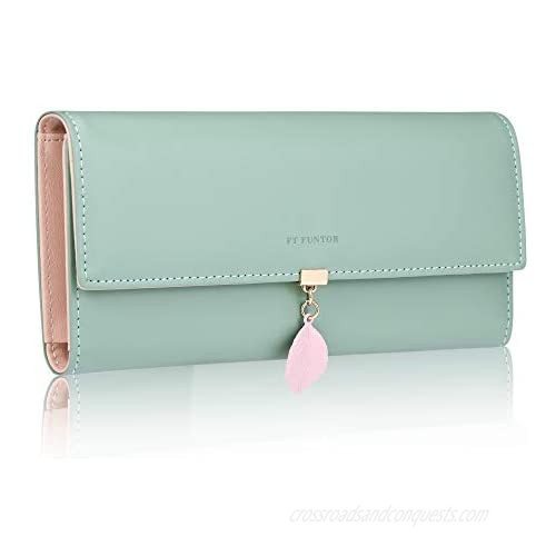 FT Funtor RFID Wallets for Women  Leaf Card Holder Trifold Ladies Wallets Coins Zipper Pocket with ID Window