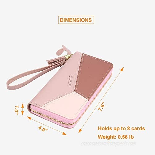 Large Faux Leather Wallet for Women Long Women's Zip Around Wallet Clutch Travel Tassel Purse Wristlet In Colorblock Leather With Eight Card Slots Money Organizer and Phone Holder (Pink Red)