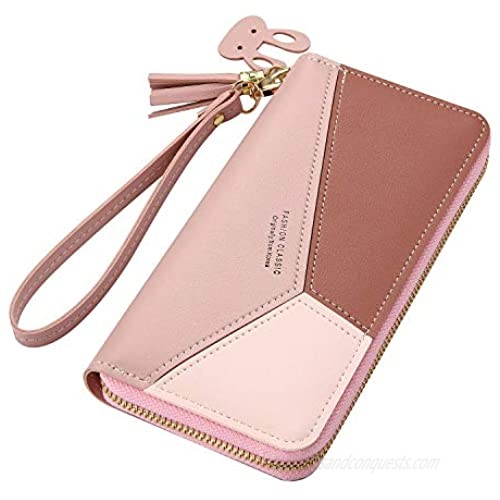Large Faux Leather Wallet for Women  Long Women's Zip Around Wallet Clutch Travel Tassel Purse Wristlet In Colorblock Leather With Eight Card Slots Money Organizer and Phone Holder (Pink Red)