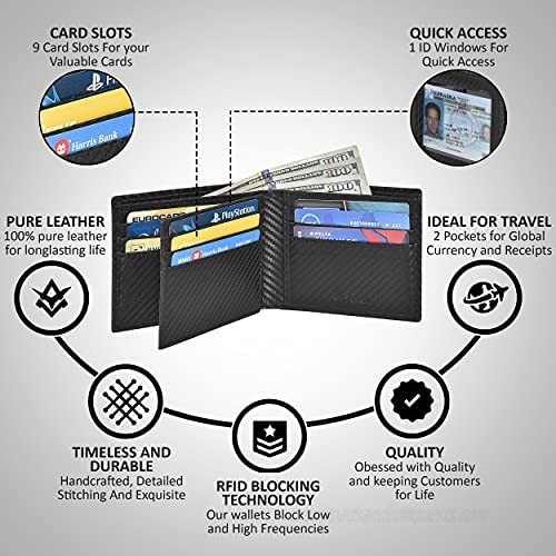 RFID Leather Bifold Wallets for Men-Slim Front Pocket Wallet 9 Credit Card 1 ID