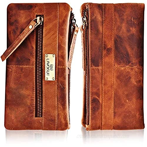 RFID Soft Flexible Leather Wallet for Women-Credit Card Slots Mobile case Coin Purse with ID Window - Handmade by LEVOGUE (Cognac Vintage)