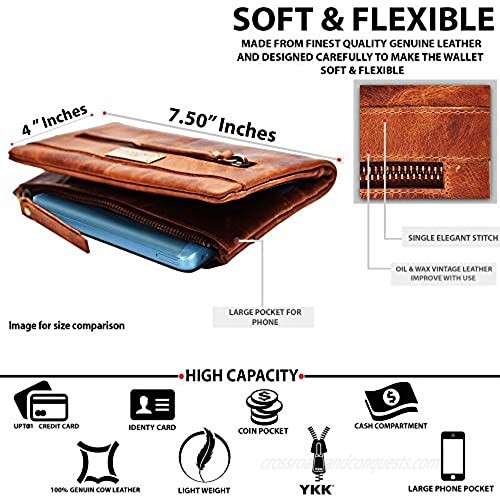 RFID Soft Flexible Leather Wallet for Women-Credit Card Slots Mobile case Coin Purse with ID Window - Handmade by LEVOGUE (Cognac Vintage)