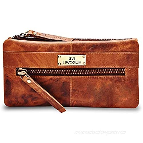 RFID Soft Flexible Leather Wallet for Women-Credit Card Slots  Mobile case Coin Purse with ID Window - Handmade by LEVOGUE (Cognac Vintage)