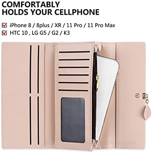 Roulens Wallet for Women RFID Blocking PU Leather Leaf Pendant Card Holder Phone Checkbook Organizer Zipper Coin Purse
