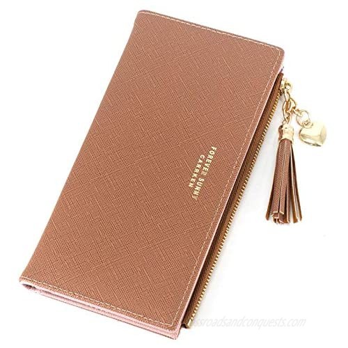Wallets for Women Leather Cell Phone Case Holster Bag Long Slim Credit Card Holder Cute Minimalist Coin Purse Thin Large Capacity Zip Clutch Handbag Wallet for Girls Ladies (Brown)
