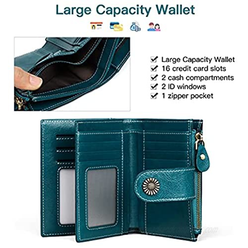 Women Leather Wallets RFID Blocking Small Wallets for Women with Zipper Coin Pocket ID Window 9 Credit Card Slots and Cash Compartment Wax Genuine Leather Coin Purse Elegant Gift Box