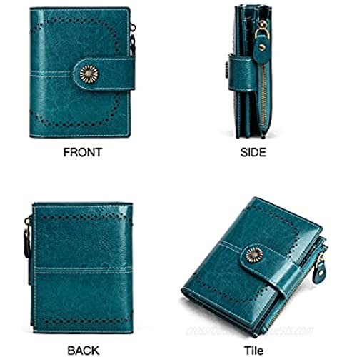 Women Leather Wallets RFID Blocking Small Wallets for Women with Zipper Coin Pocket ID Window 9 Credit Card Slots and Cash Compartment Wax Genuine Leather Coin Purse Elegant Gift Box