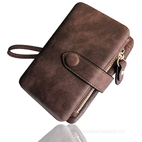 Women's Small Bifold Leather wallet Rfid blocking Ladies Wristlet with Card holder id window Coin Purse (Brown)