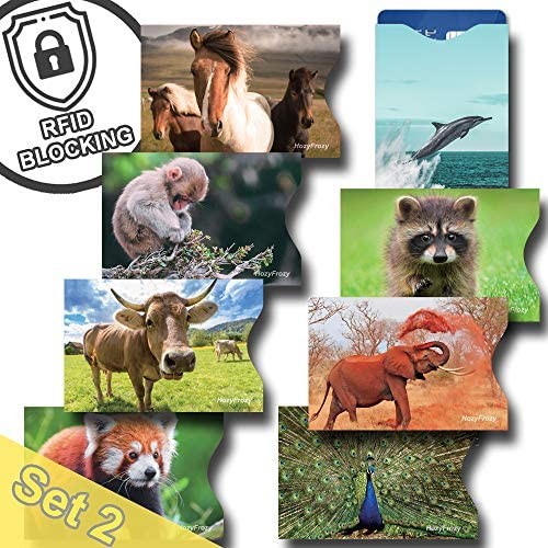 8 RFID Blocking Sleeves Credit Card Protector Anti-Theft Credit Card Holder with Horse Elephant Monkey Dolphin Buffalo Peacock Red Panda and Raccoon Prints