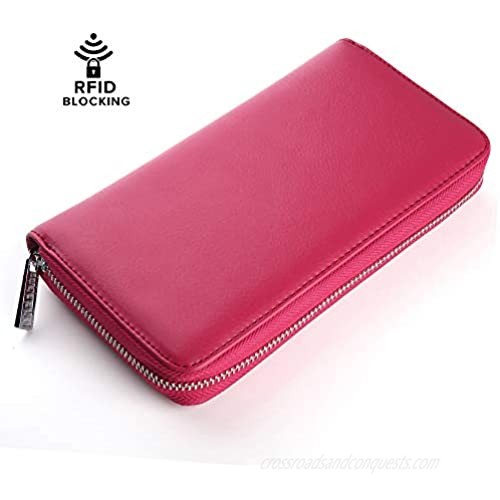 Buvelife Credit Card Wallet Leather RFID Wallet with Zipper for Women or Men Huge Storage Capacity Credit Card Holder (Rose Red)