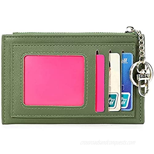 CLUCI Womens Small Leather Wallet Coin Slim Zipper Pocket Credit Card Holder with Keychain Green