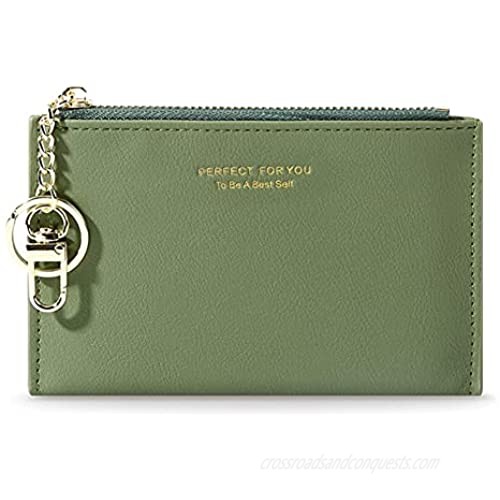CLUCI Womens Small Leather Wallet Coin Slim Zipper Pocket Credit Card Holder with Keychain Green