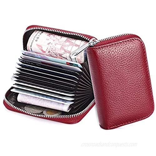 Credit Card Holder Etercycle Leather Card Case Wallet with Zipper RFID Blocking Purse Small Accordion Wallets 14 Slots for Women Men(Red)