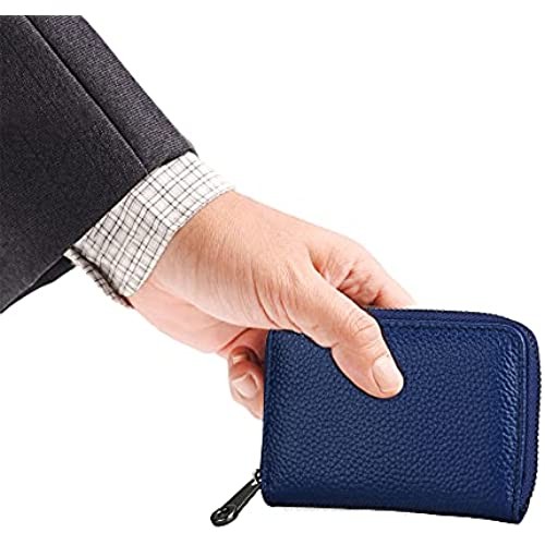 EASTVIO RFID Blocking Credit Card Holder for Women Men Genuine Leather Wallet Organizer Zipper Money Case (Litchi Leather Blue 20 Slots)