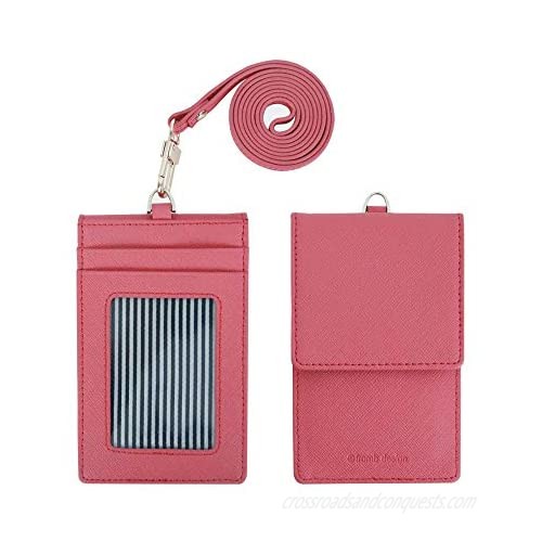 Genuine Leather Credit Card Holder Wallet with Mirror ID Badge Case with Neck Strap