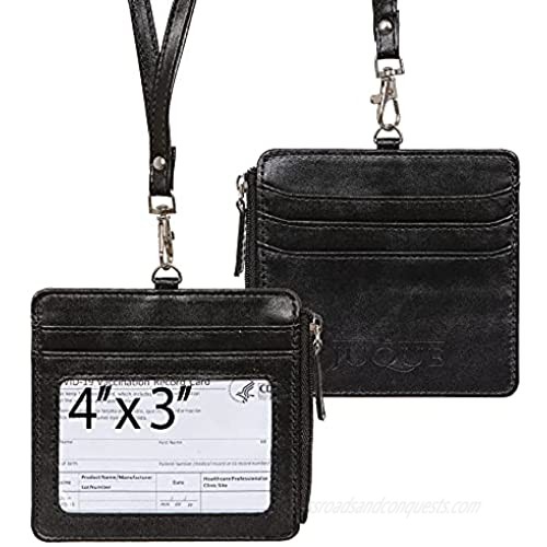 Guaranteed Fit Travel Leather CDC Vaccine Card Holder Protector 4 X 3 with Lanyard Immunization Record Vaccine Multiple Cards Holder Vaccination Record Card Holder Covid Vaccination Card Holder Wallet Horizontal Style Zipper Pocket Great For Family (Black)