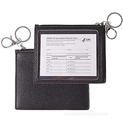 Large Leather Vaccine Card Wallet 4x3 with Functional Zipper Pouch & Keychain - CDC Vaccine Card Holder with Vaccine Card Protector Sleeve - Premium Black Vaccine Card Case to Protect Covid Vaccine Card…