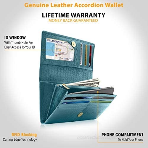 Leather Clutch RFID Wallets For Women - Big Womens Wallet Accordion Purse Organizer Zip Coin Pouch Gifts For Women