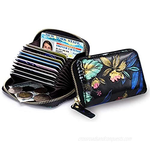 RFID Accordion Credit Card Holder Wallet for Women Small Leather Zipper Credit Card Case Protector 12 Slot (Magnolia)