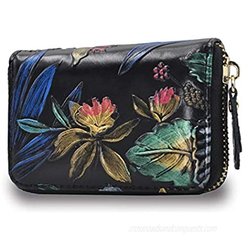 RFID Accordion Credit Card Holder Wallet for Women Small  Leather Zipper Credit Card Case Protector 12 Slot (Magnolia)